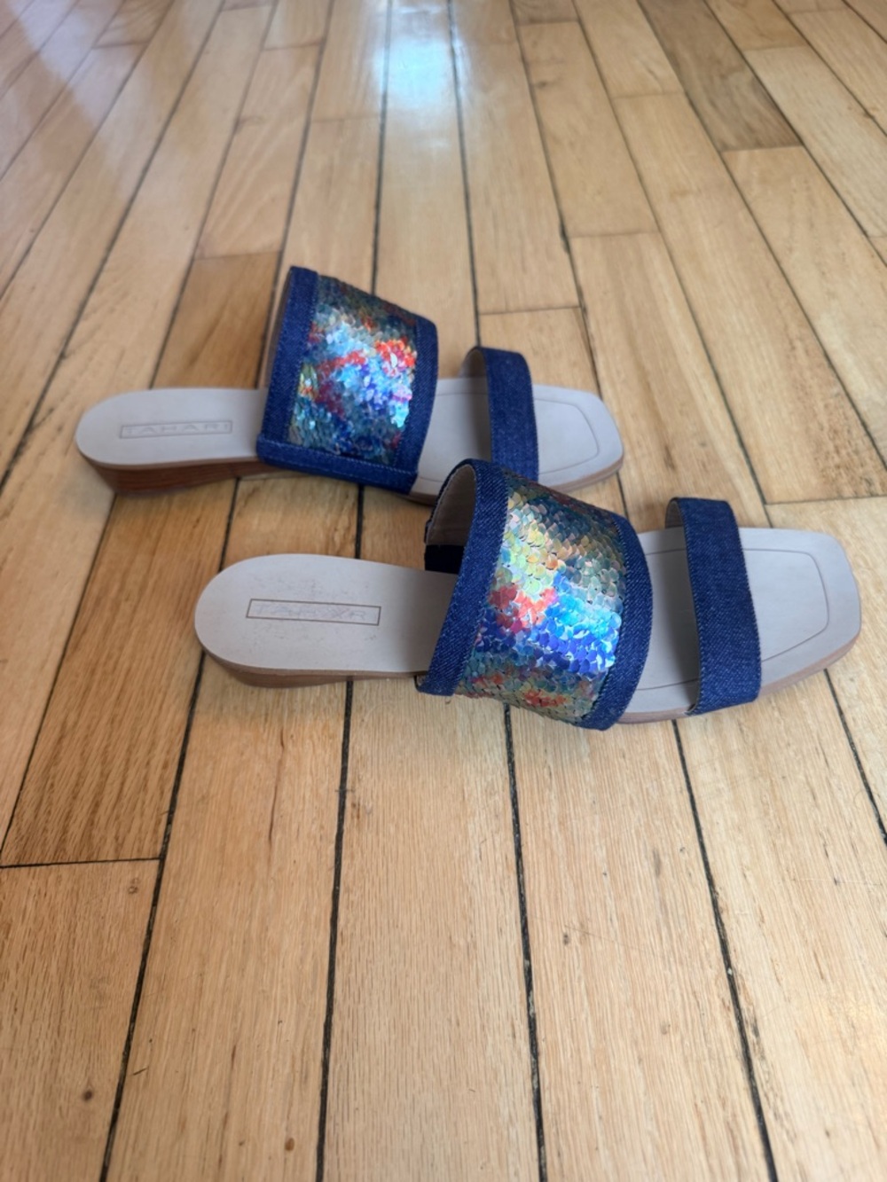 Tahari FERN slide sandals multicolor rainbow sequins, blue denim straps. - Picture 4 of 6